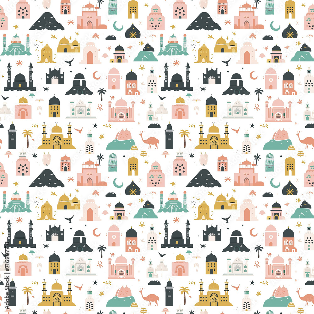 Hajj symbols seamless pattern. Gift wrapping, wallpaper, background. Eid al-Adha