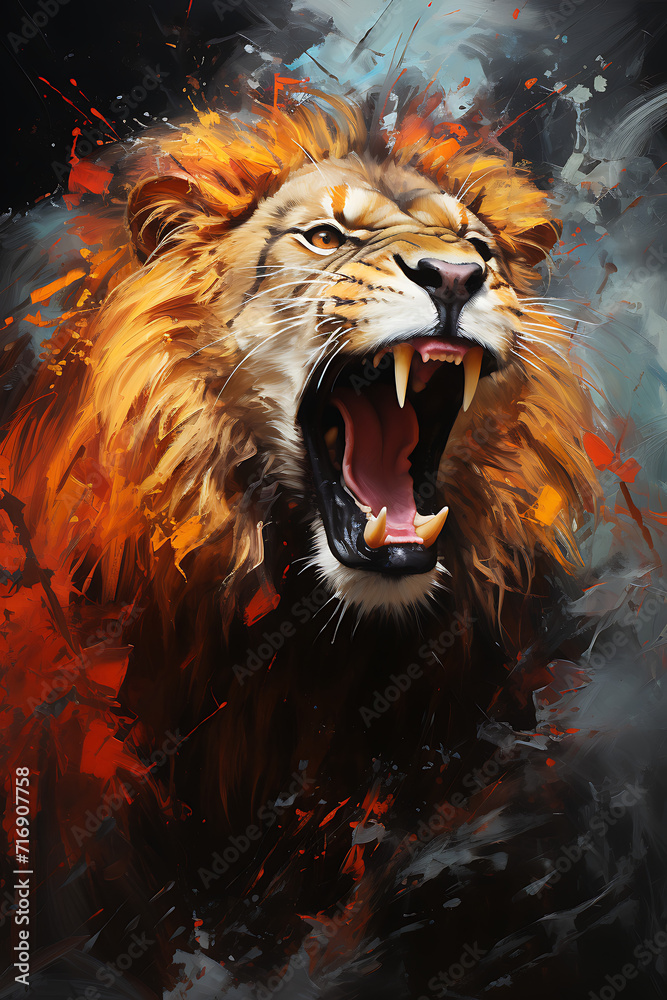 Fototapeta Realistic roaring lion oil painting artwork - hand painted lion mane head colorful whimsical watercolor illustration canvas art portrait - zoo animal wildlife jungle king mammal wallpaper background