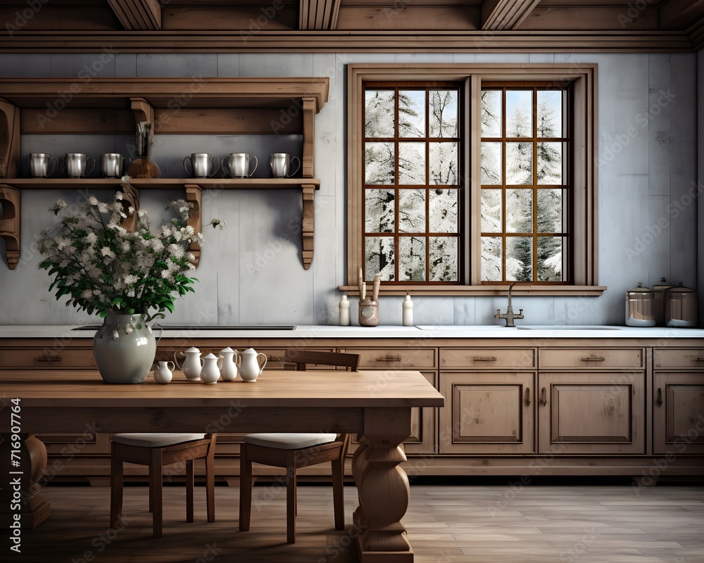 Tudor Style Kitchen Mockup, 3D Mockup Render, Interior Design