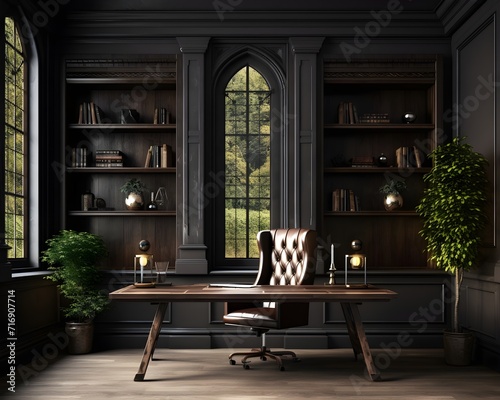 Tudor Style Home Office Mockup, 3D Mockup Render, Interior Design