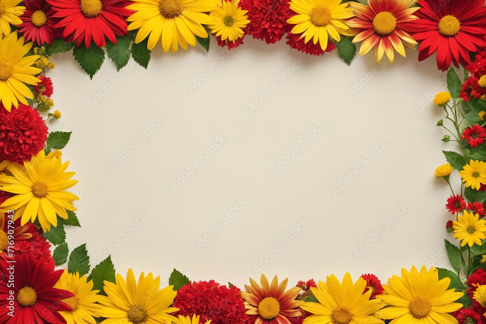 Rectangular frame made of red and yellow flowers Rectangular frame made of red and yellow flowers