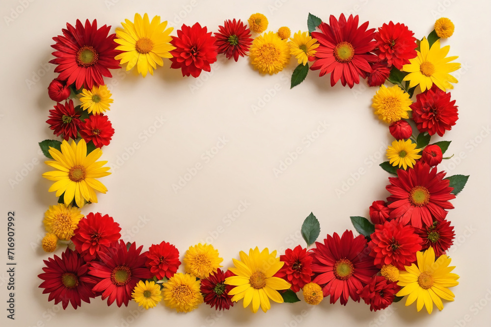 Rectangular frame made of red and yellow flowers Rectangular frame made of red and yellow flowers