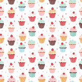 Birthday cupcakes with various toppings seamless pattern. Gift wrapping, wallpaper, background. Birthday
