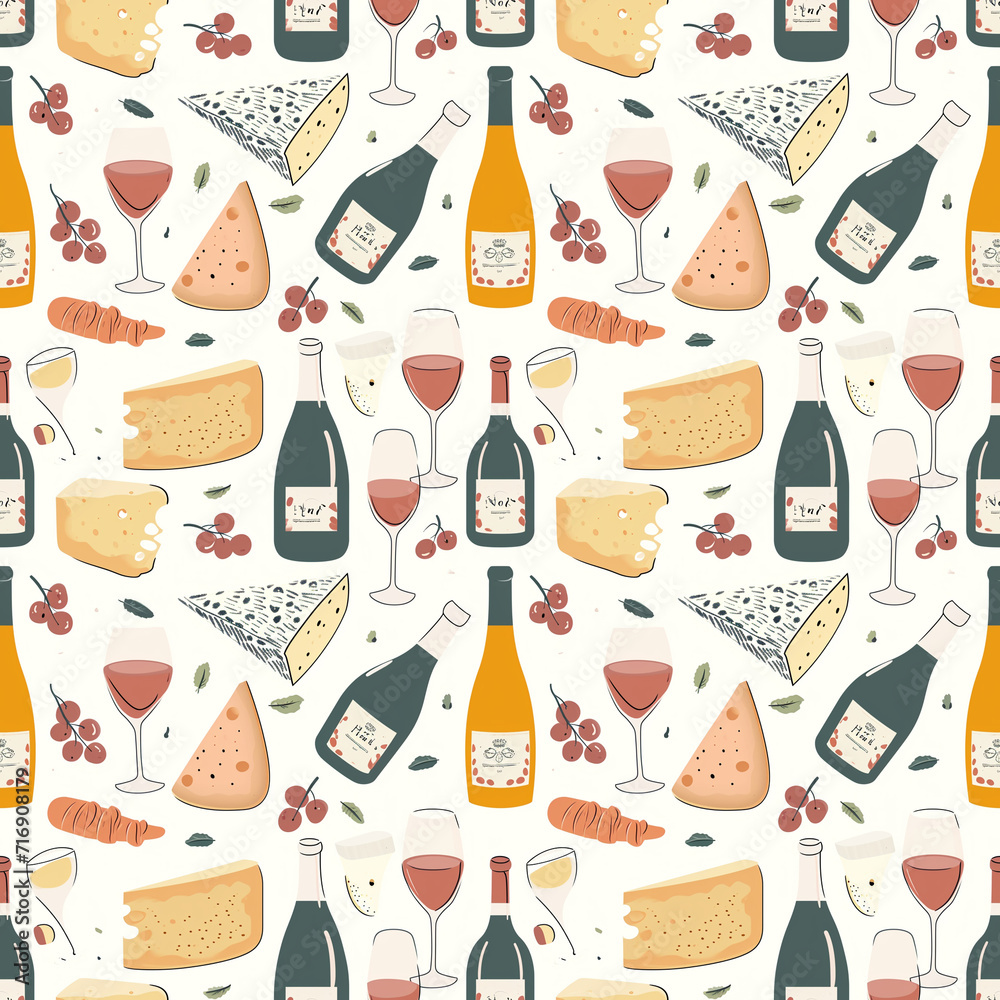 French wine and cheese seamless pattern. Gift wrapping, wallpaper, background. Bastille Day