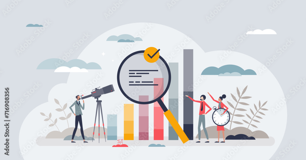 Competitor benchmarking tools for company evaluation tiny person concept. Quality, performance and market share analysis with other businesses vector illustration. Compare process and finance reports