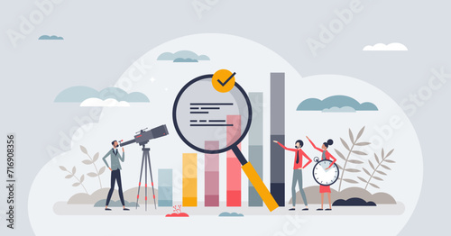 Competitor benchmarking tools for company evaluation tiny person concept. Quality, performance and market share analysis with other businesses vector illustration. Compare process and finance reports photo