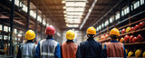 Team workers in industry, warehouse Workshop for factory operators wide banner. panorama photo
