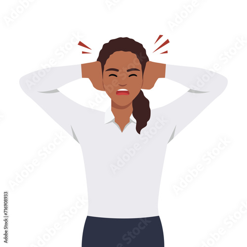 Young woman covering his ears with her hands. Flat vector illustration isolated on white background