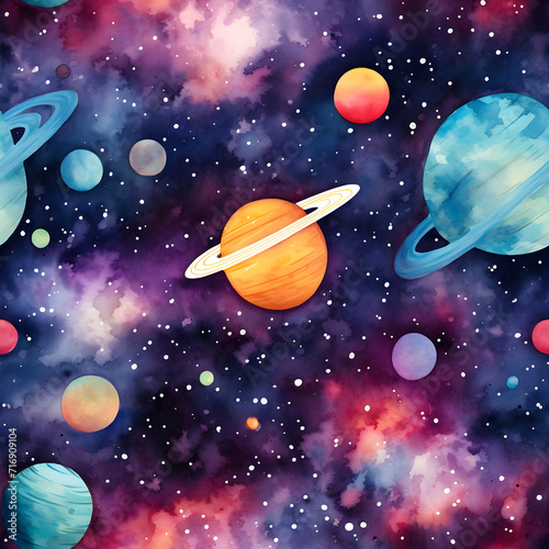 Space Odyssey: A mesmerizing illustration featuring planets, a UFO, and the vast cosmic wonders of the universe, including stars, galaxies, moons, and the brilliant glow of the sun