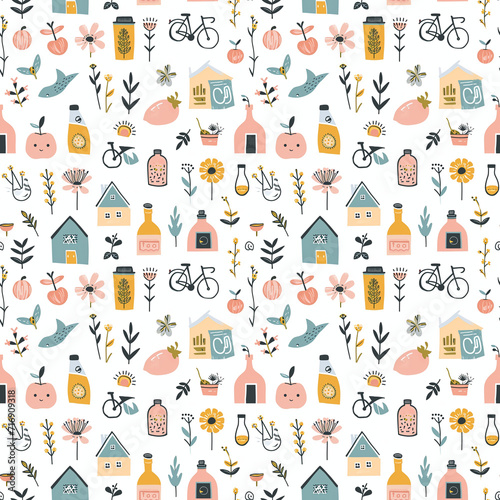 Sustainable living motifs seamless pattern. Gift wrapping, wallpaper, background. World Environment Day