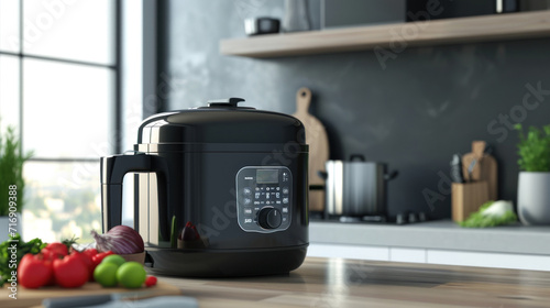 Modern electric multi cooker on wooden table in modern kitchen, closeup