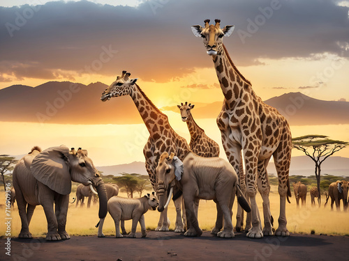 A group of many African animals giraffes, lions, elephants, monkeys, and others stand together on Kilimanjaro mountain in the background design. photo