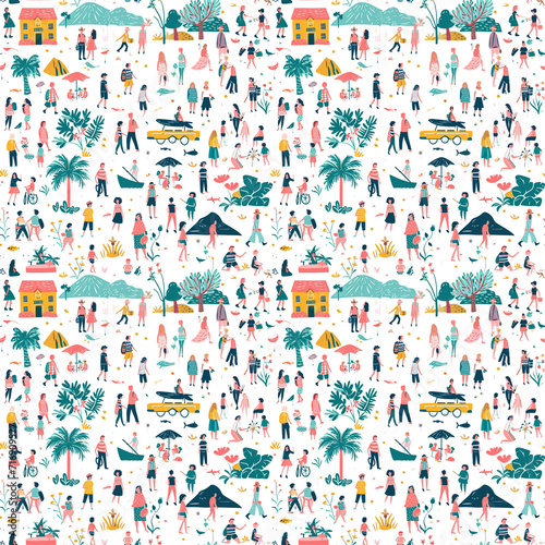 Survivor community scenes seamless pattern. Gift wrapping, wallpaper, background. National Cancer Survivors Day