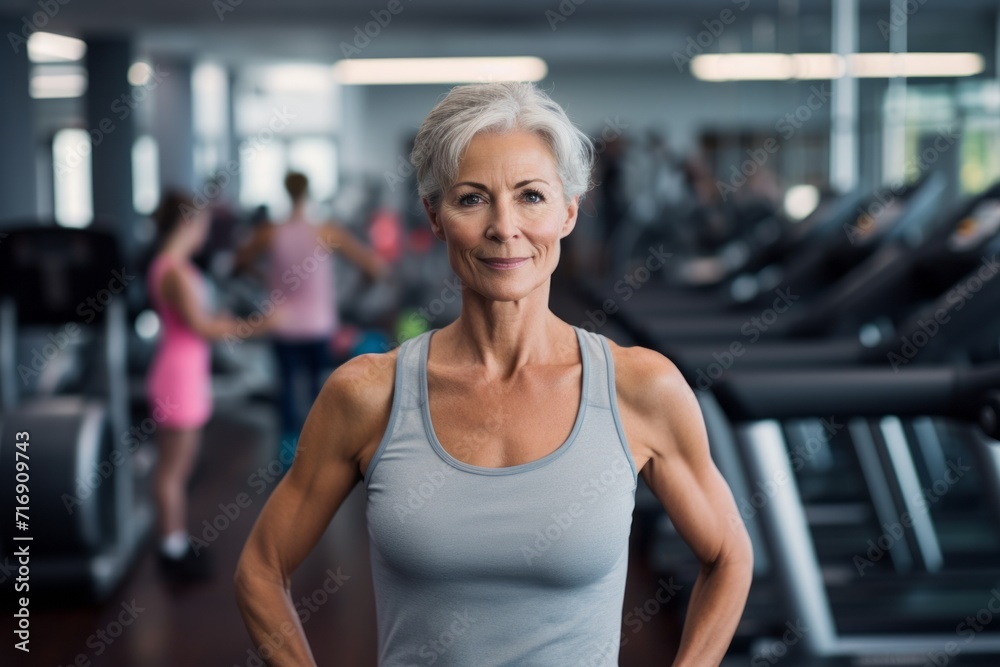 Fototapeta premium Portrait of a concentrated mature woman doing step in a gym. With generative AI technology
