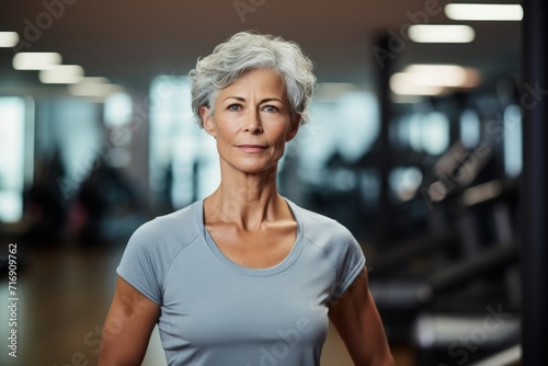 Portrait of a concentrated mature woman doing step in a gym. With generative AI technology