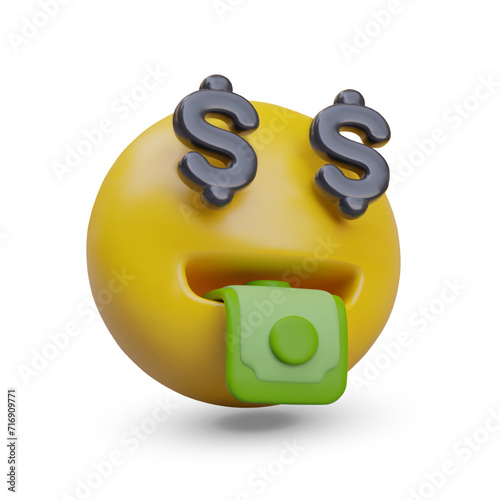 Yellow emoticon with dollar signs instead of eyes. Symbol of profit, wealth. Mouth full of money. Realistic illustration in cartoon style on white background