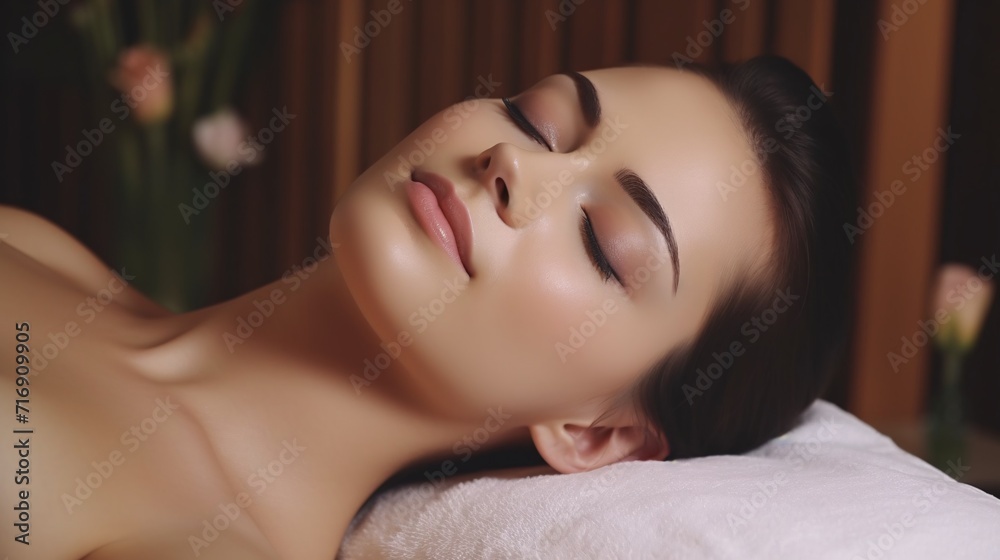Lovely lady receiving spa massage, resting on massage table with eyes shut for skin nourishment and relaxation. Lovely lady receiving spa massage, resting on massage table with eyes shut for skin nourishment and relaxation.