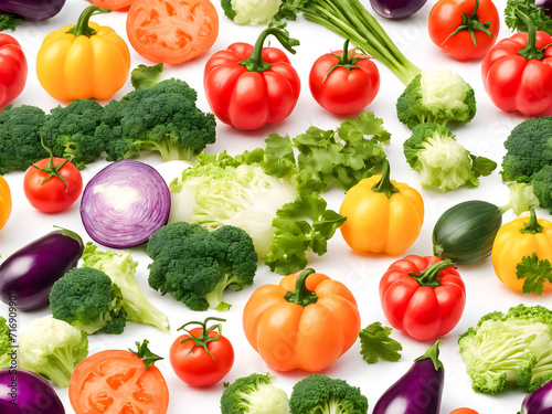 Seamless pattern of fresh vegetables isolated on white background. Top view.