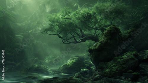Esencia de la Selva: Árbol Antiguo y Niebla Misteriosa