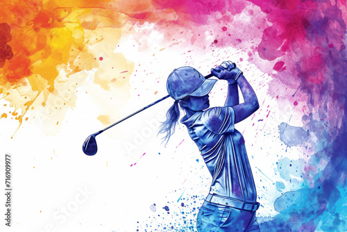 Golf player in action, woman colourful watercolour with copy space
