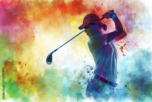 Golf player in action, woman colourful watercolour with copy space