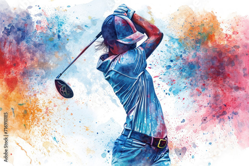 Golf player in action, woman colourful watercolour with copy space