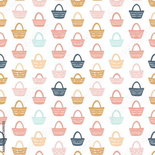 Easter baskets seamless pattern. Gift wrapping, wallpaper, background. Easter