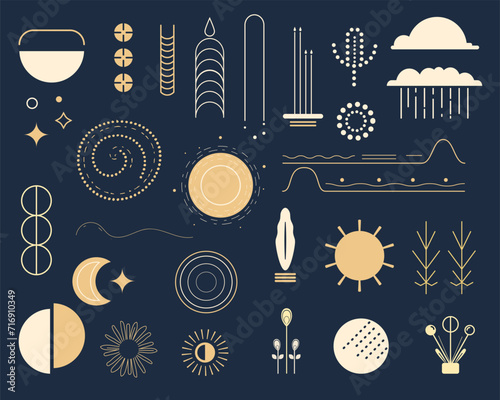 celestial and natural decorative elements set, geometry, golden line