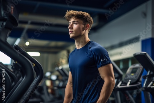 Portrait of a fitness boy in his 20s doing step in a gym. With generative AI technology © Markus Schröder