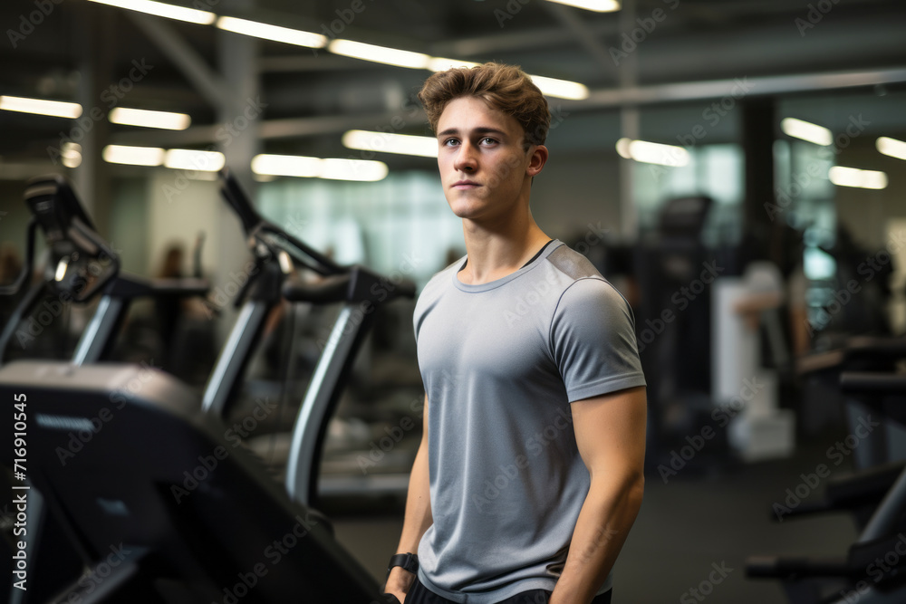 Portrait of a fitness boy in his 20s doing step in a gym. With generative AI technology Portrait of a fitness boy in his 20s doing step in a gym. With generative AI technology