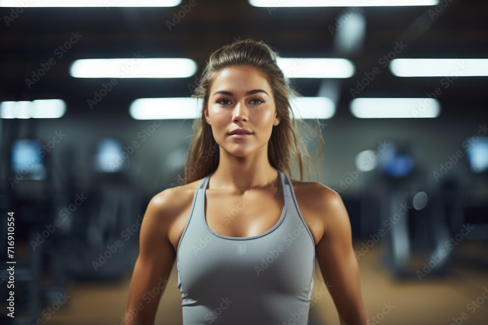 Fototapeta premium Portrait of an active girl in her 20s doing step in a gym. With generative AI technology
