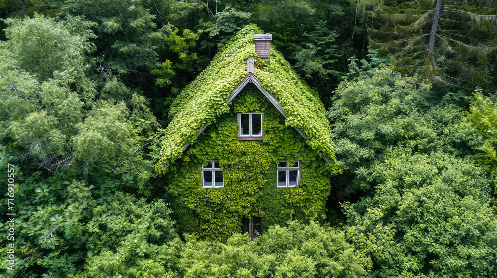 Lush green ivy envelopes a quaint house amid a dense forest.