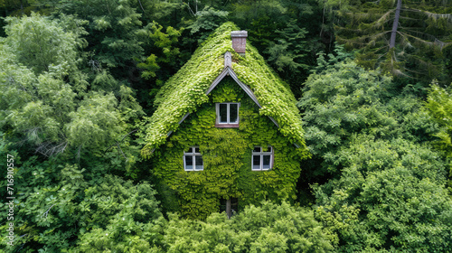 Lush green ivy envelopes a quaint house amid a dense forest.