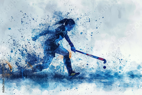 Field Hockey player in action, woman blue watercolour with copy space photo