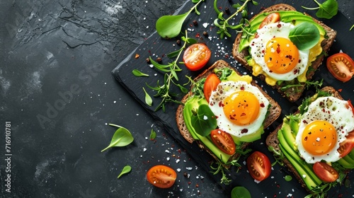 Healthy breakfast. Sandwiches with avocado, poached eggs, tomatoes and spinach on black background. Top view, copy space
