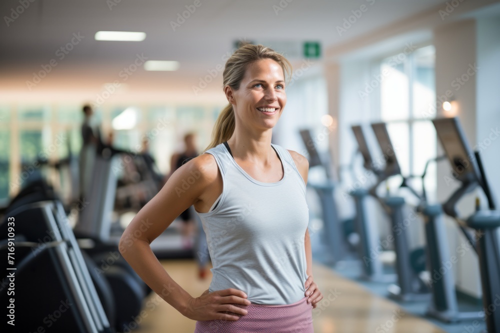 Portrait of a fitness girl in her 30s doing physical rehabilitation exercises in a rehabilitation center. With generative AI technology