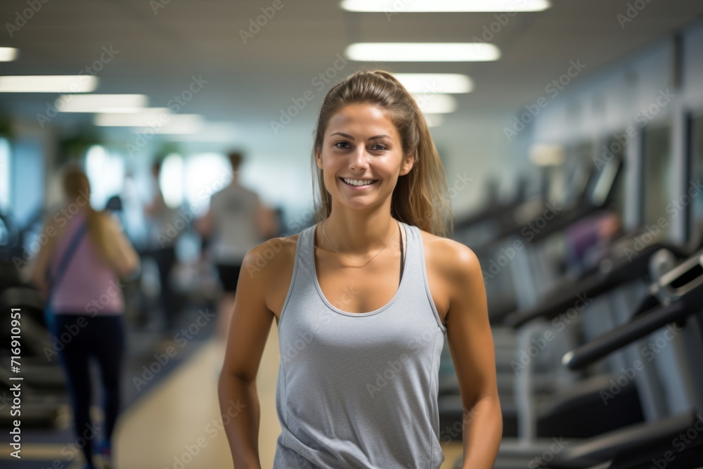 Portrait of a fitness girl in her 30s doing physical rehabilitation exercises in a rehabilitation center. With generative AI technology