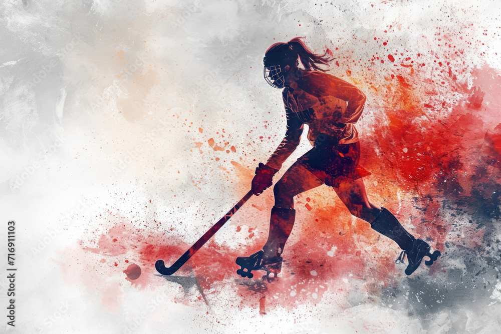 Field Hockey player in action, woman red watercolor with copy space