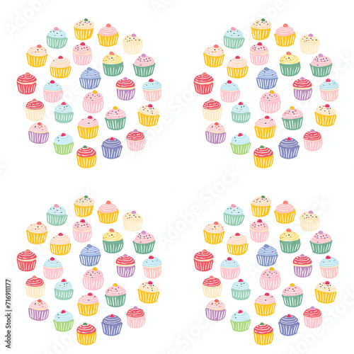 Birthday cupcakes arranged in a circle seamless pattern. Gift wrapping, wallpaper, background. Birthday