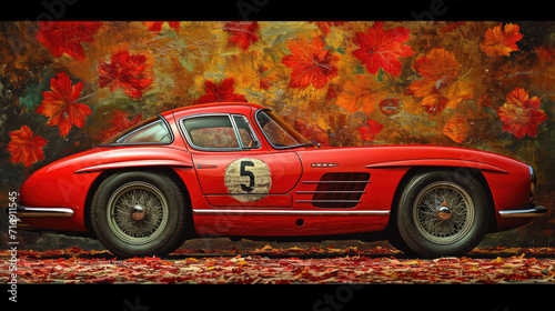 Classic red race car sporting number 5, showcased against vibrant 