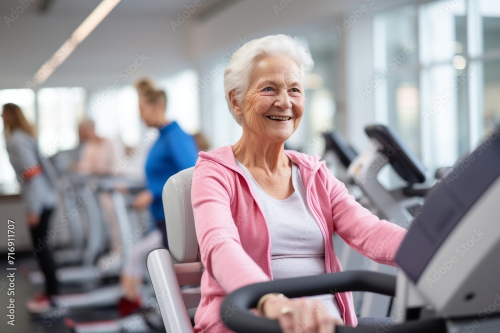 Obraz premium Portrait of an inspired old woman doing physical rehabilitation exercises in a rehabilitation center. With generative AI technology