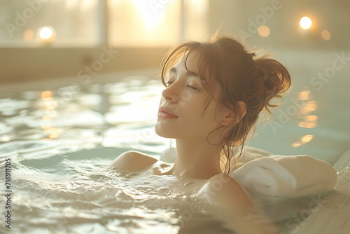 Peaceful Onsen Spa Experience  Woman Relaxing in Hot Spring  Serene Spa Day  portrait of a woman in the spa