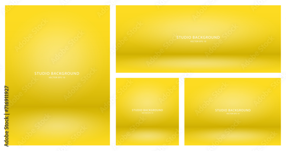 A set of empty yellow backgrounds for presentations of cosmetic products for sale online. Studio panoramic backgrounds. Vector illustration.