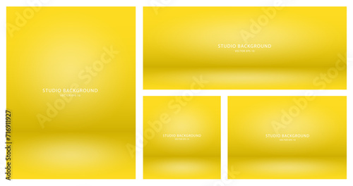 A set of empty yellow backgrounds for presentations of cosmetic products for sale online. Studio panoramic backgrounds. Vector illustration.