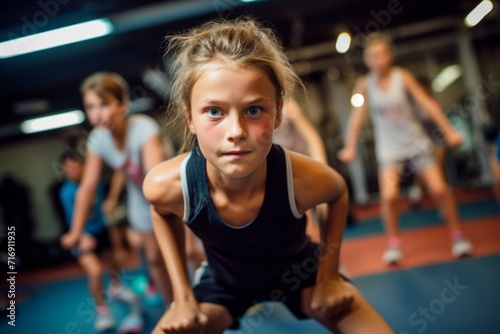 Portrait of an active kid female doing body pump exercises in a gym. With generative AI technology