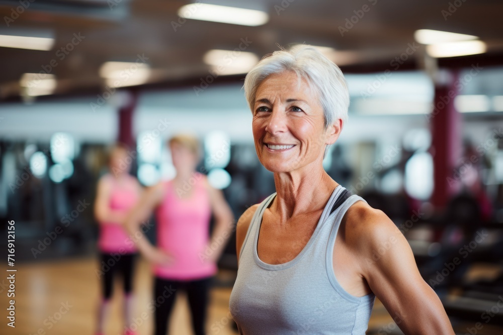 Portrait of a determined mature woman doing body pump exercises in a gym. With generative AI technology