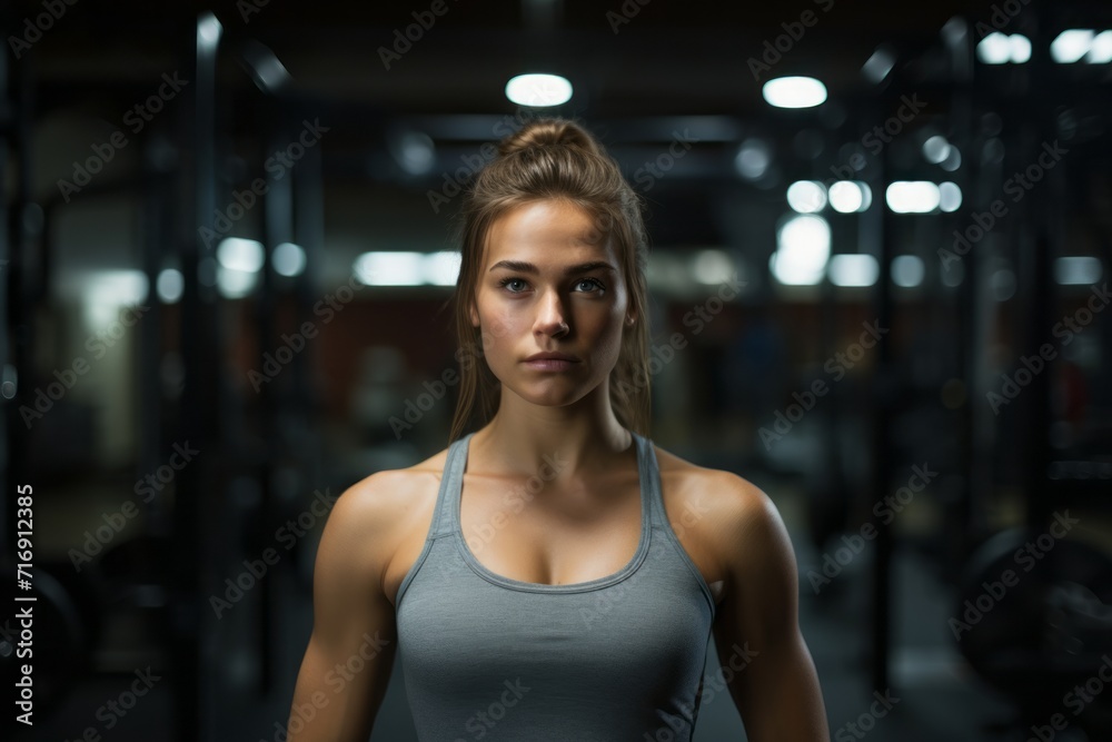 Fototapeta premium Portrait of a drained girl in her 30s doing bars in a gym. With generative AI technology