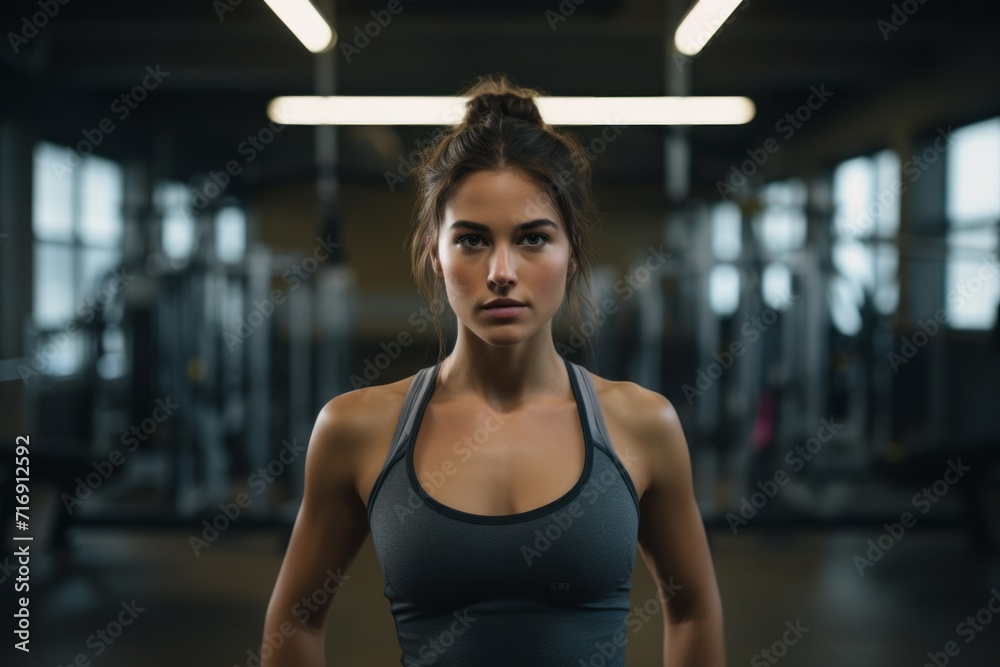 Portrait of a serious girl in her 30s doing bars in a gym. With generative AI technology