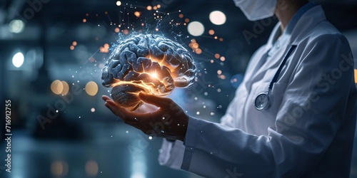 A physician using advanced artificial brain technology to enhance creative thinking and mental well-being in a futuristic setting.