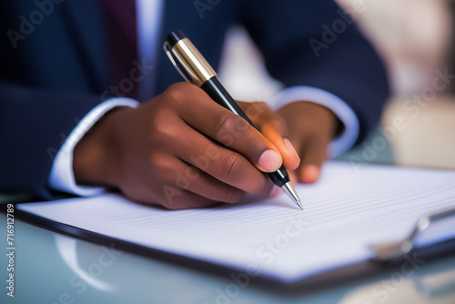 A professional man in a suit is focused as he writes on a piece of paper.